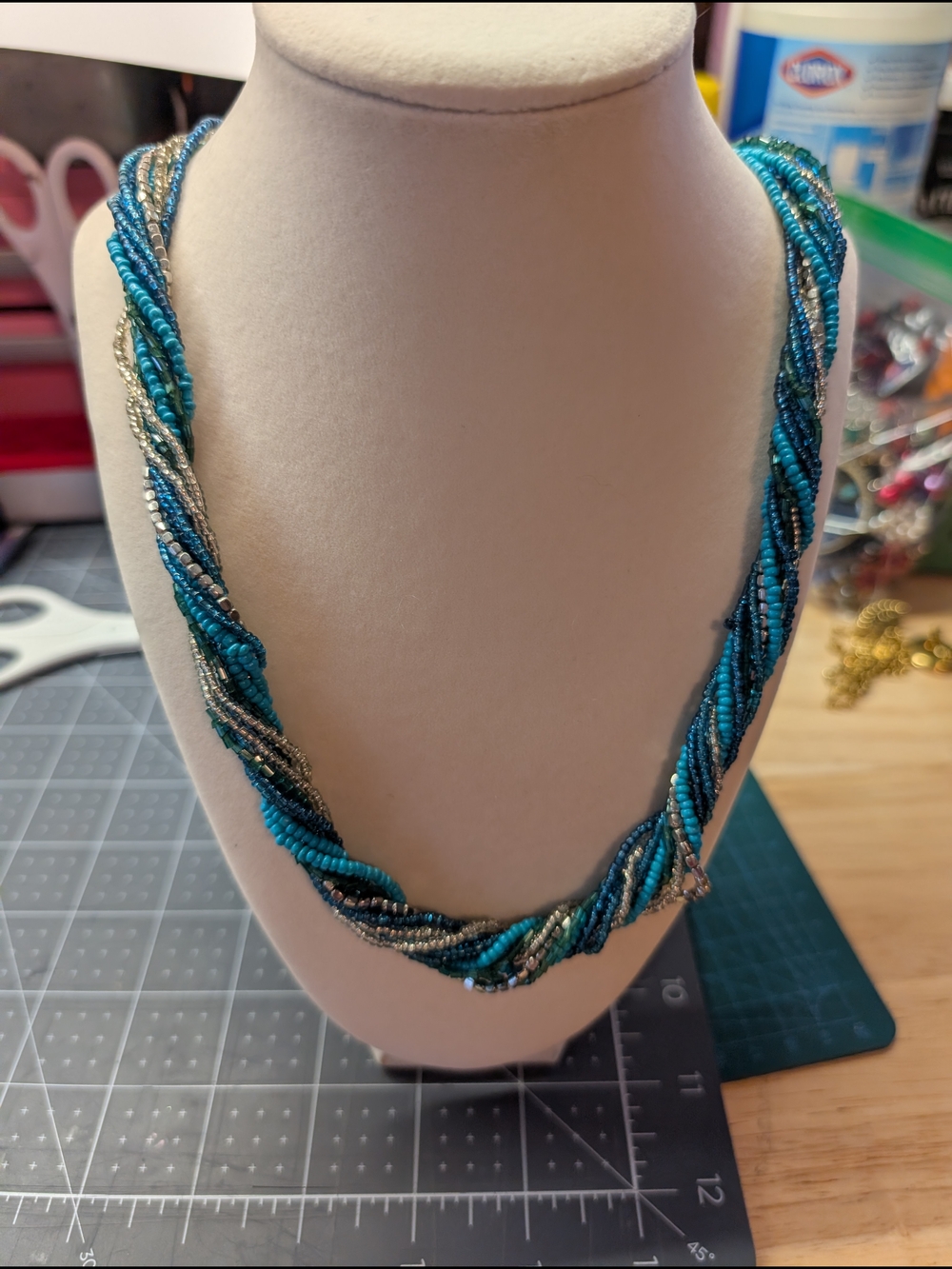 Handcrafted Twisted Seed Bead Necklace - Turquoise & Silver